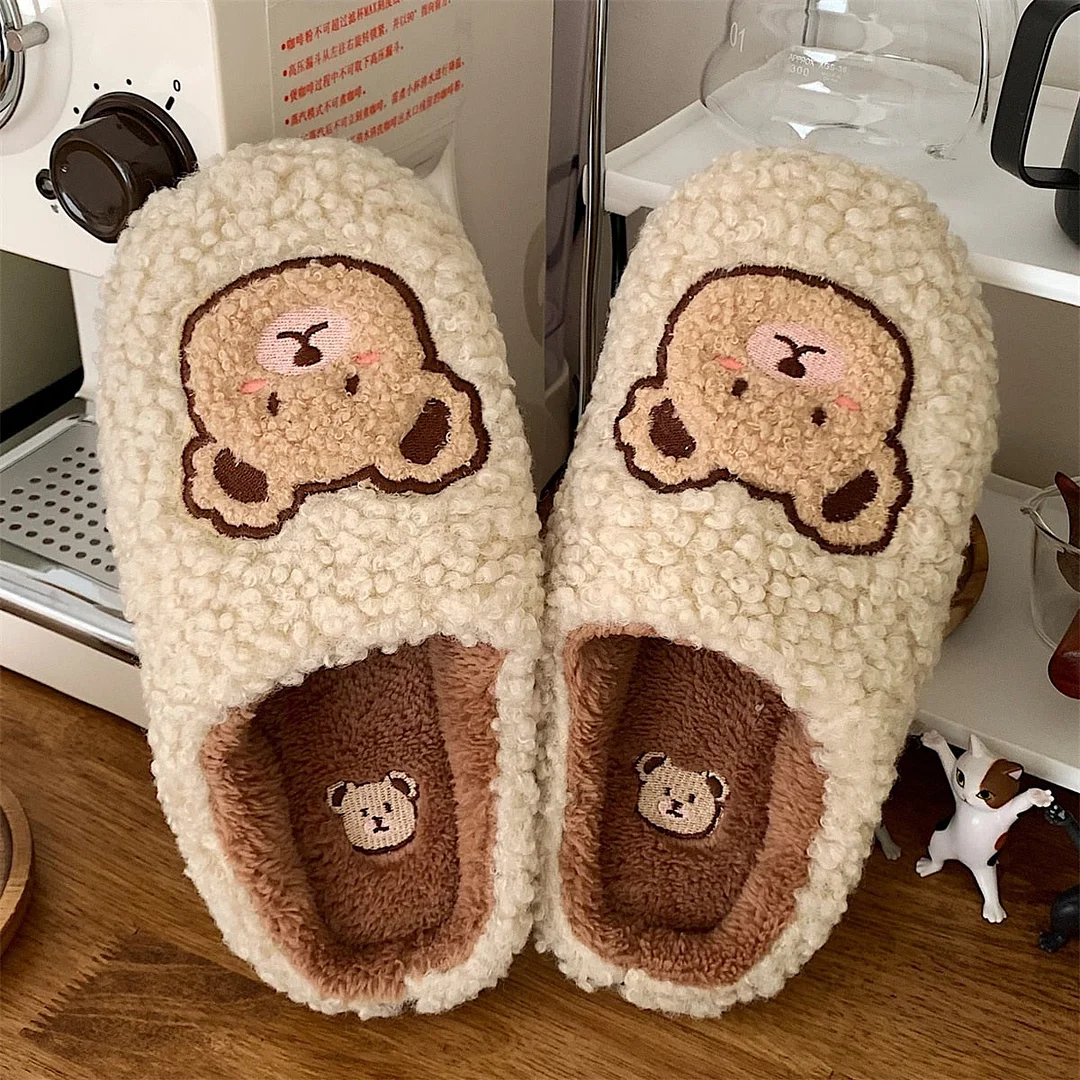 2022 Winter Women Slipper Lovely Bear Cartoon Plush Cotton Home Slippers Female Indoor Household Anti-Skid Thick Bottom Slipper