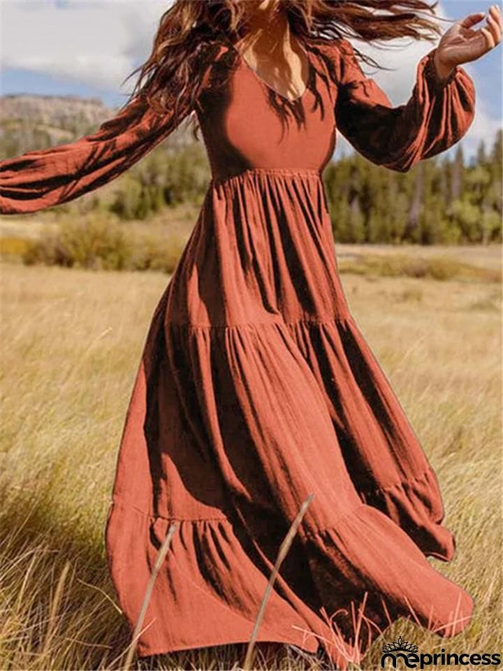 Stylish V Neck Long Sleeve Elastic Cuff Pleated Maxi Dress