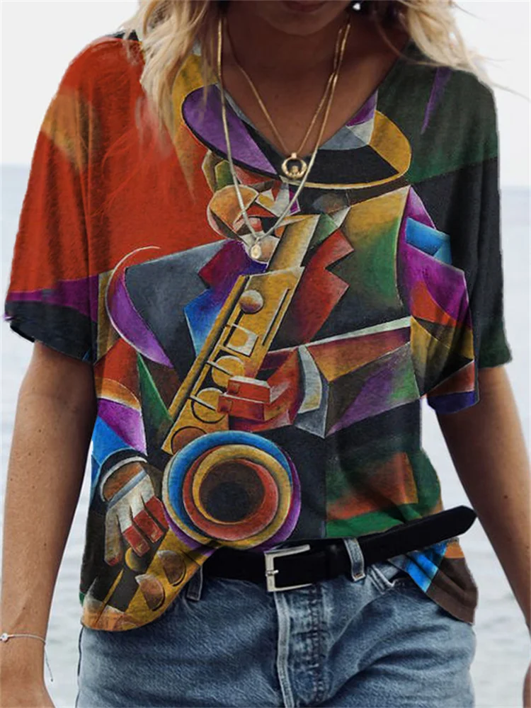 Comstylish Jazz Musician Geometric Art V Neck T Shirt