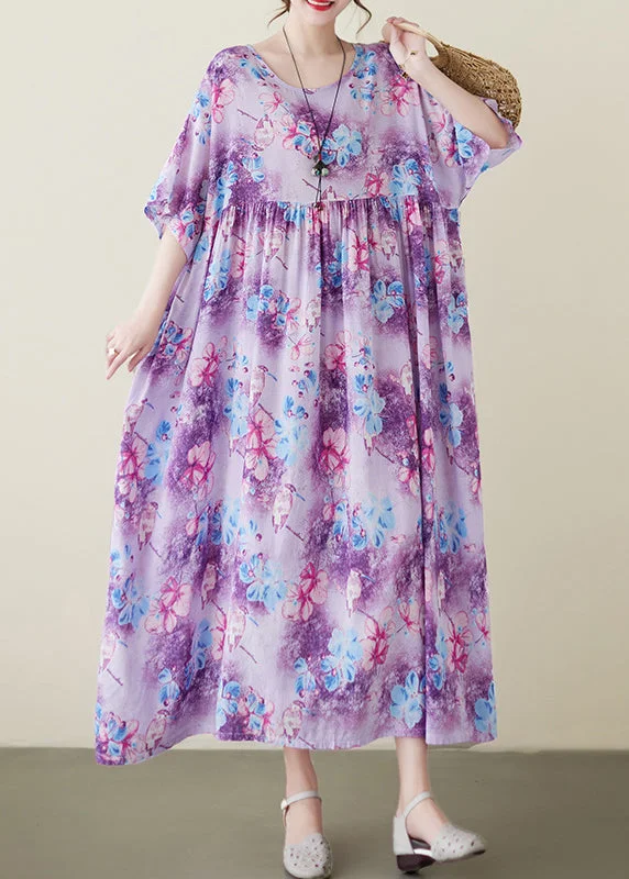 Modern Purple Print Patchwork Maxi Dresses Short Sleeve