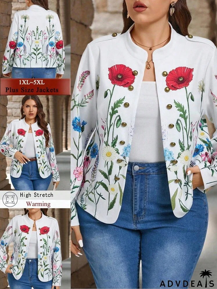 Plus Size Jacket With Button Decor And Placement Floral Pattern