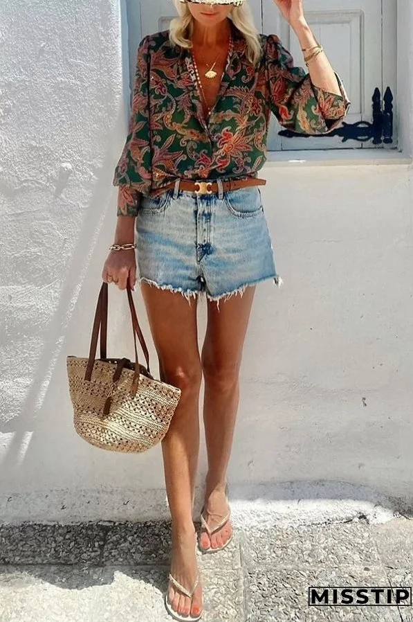 Unique Printed Loose Resort Long Sleeve Shirt