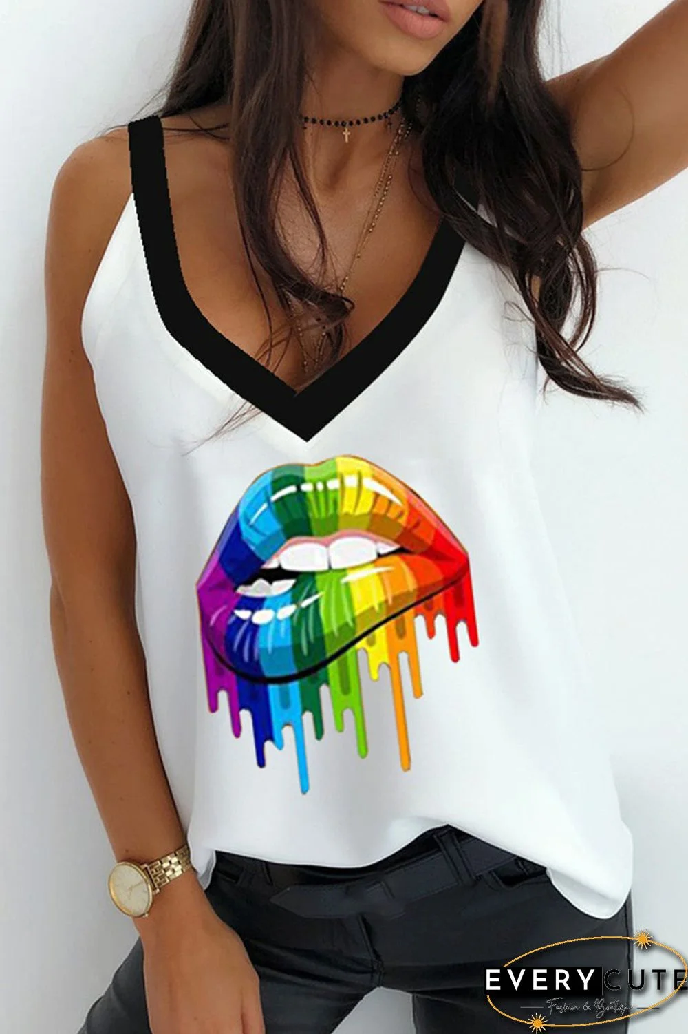 Lip Printed Deep V-Neck Tank Top