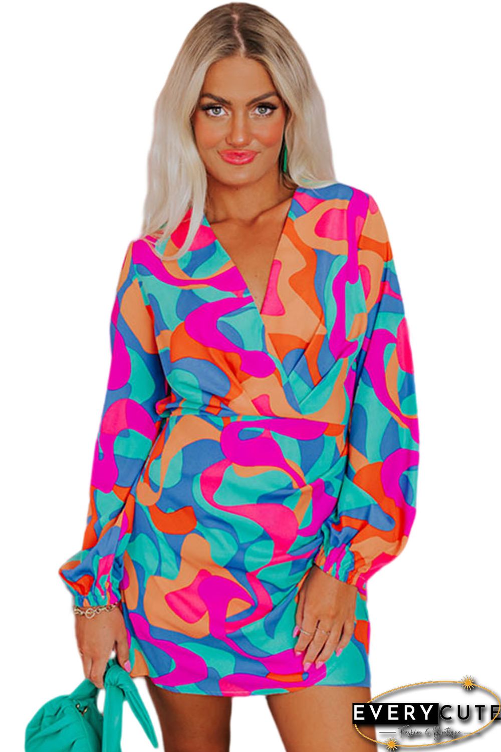 Multicolor Abstract Print Wrap V Neck Puff Sleeve Dress