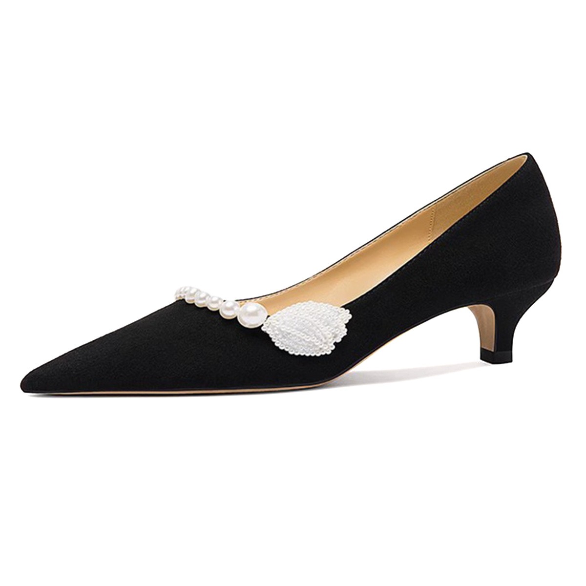 Black Vegan Suede Pointed Toe Pearl Embellished Kitten Heel Pumps Nicepairs