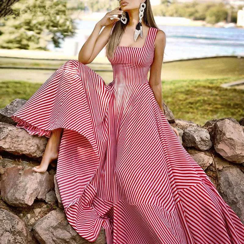 Fashion Striped Sleeveless Maxi Dress