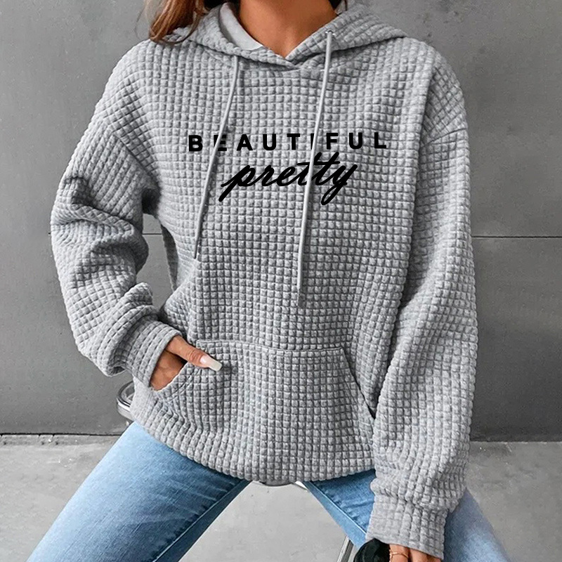 Loose Chanel Style Women's Fashion Waffley Long Sleeve Letter Printed Hooded Sweat