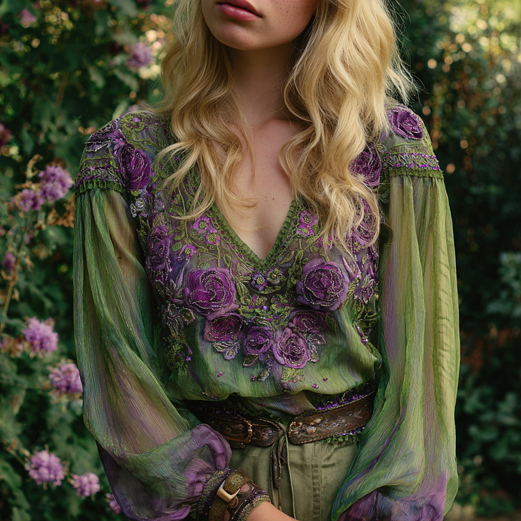 Vintage Purple Rose Embroidery Linen V Neck Long Sleeve Shirt