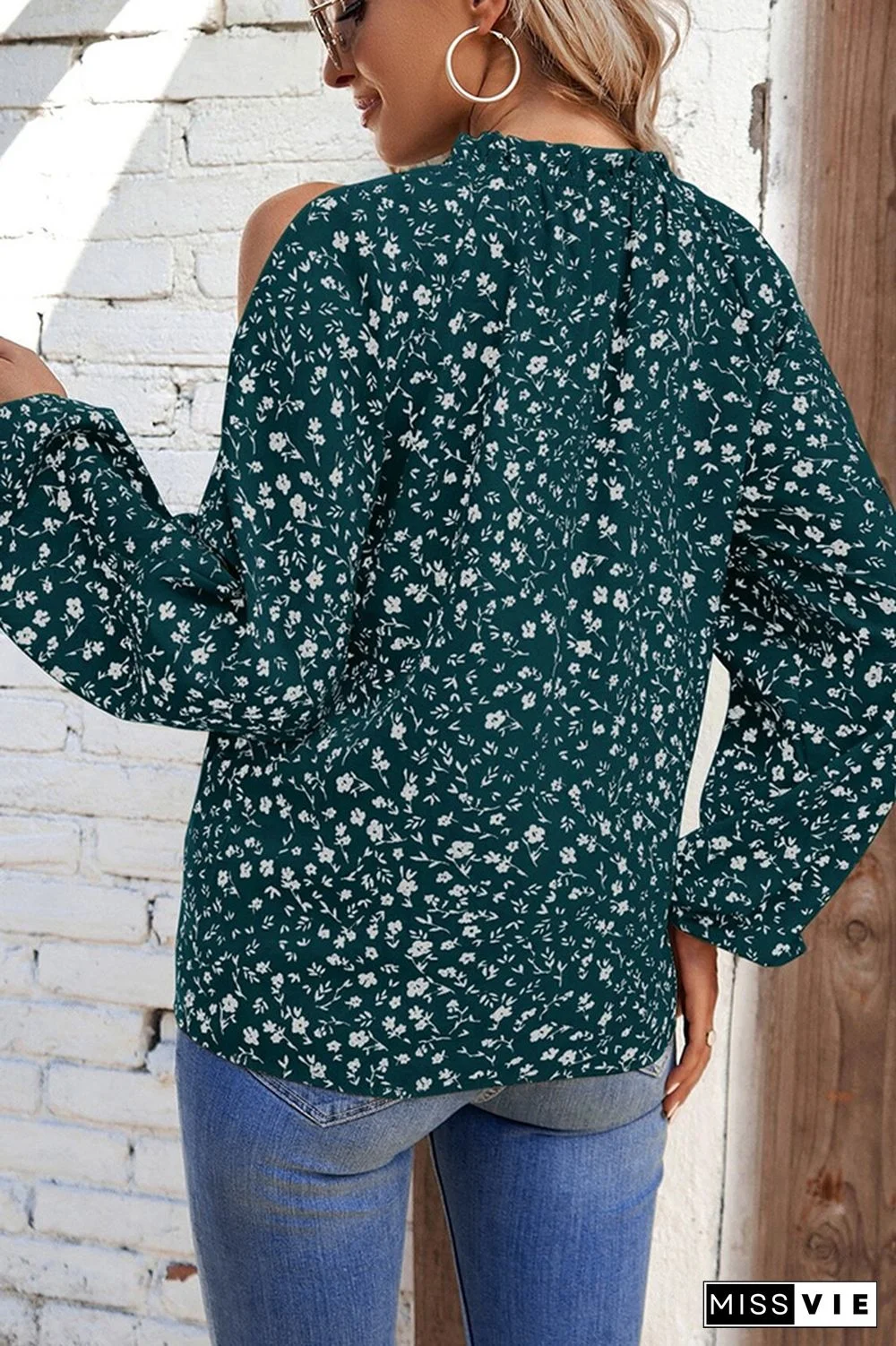 Cold Shoulder Frilled Collar Floral Blouse