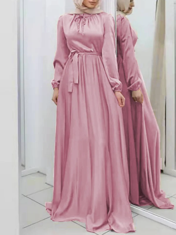 Flowing Maxi Dress with Long Sleeves, Pleats, and Tied Waist