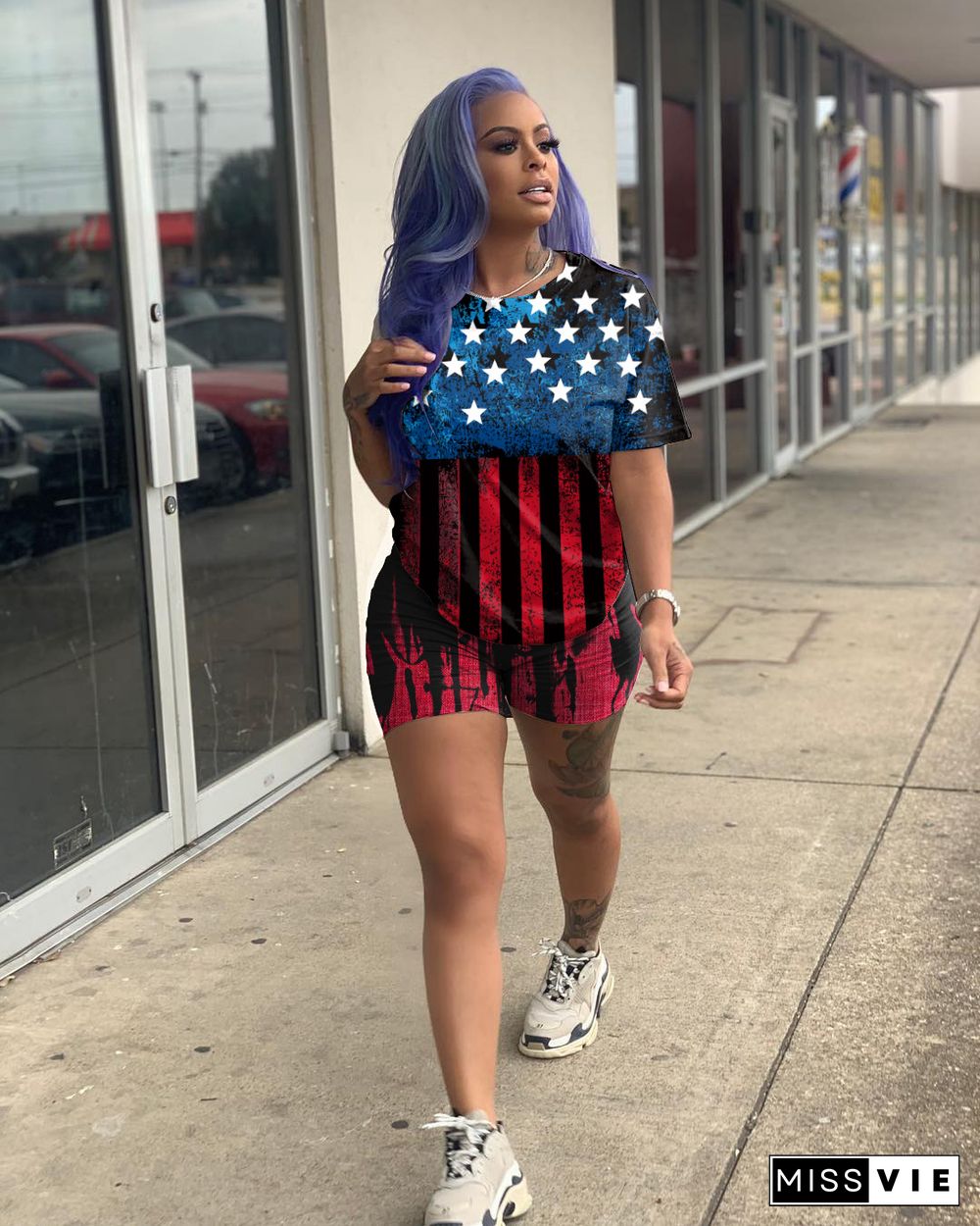 American Independence Day Flag Print Short Sleeve Two-Piece Set
