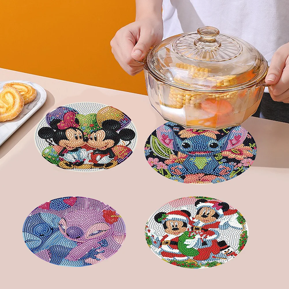 4pcs DIY Disneyland Cartoon Wooden Diamond Painted Placemats for Dining Table Decor(16*16cm)