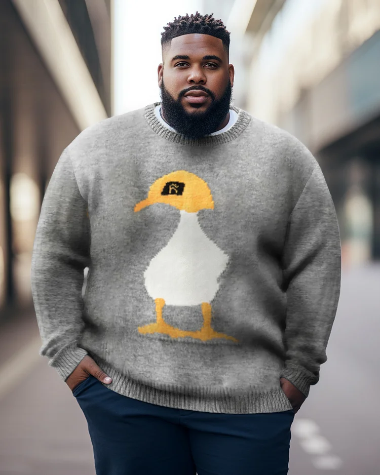 Men's Plus Size Casual Cartoon Duck Warm Long Sleeve Crew Neck Sweater
