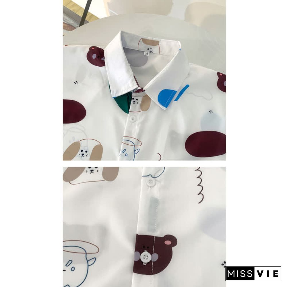 Cartoon Bear Print Lapel Casual T-Shirt
