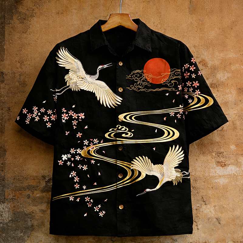 Men's Japanese-style Cherry Blossoms And Cranes Art Linen Short-sleeved Shirt  artssus