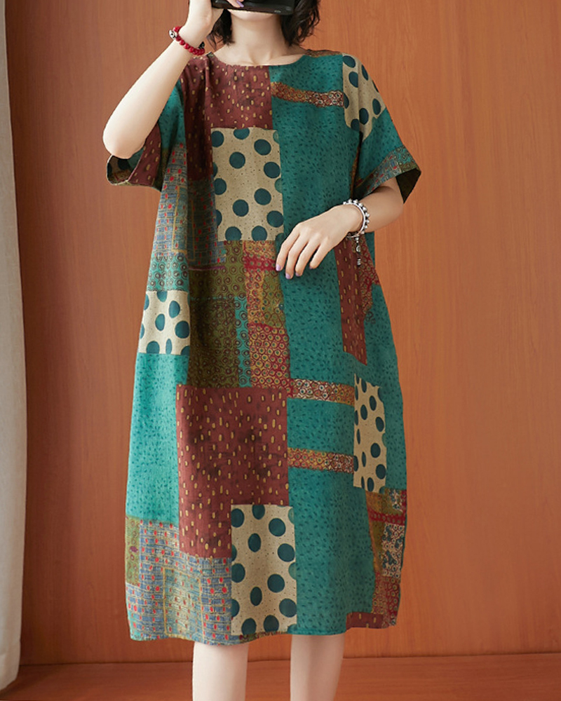 Variety Of Patterns Patchwork Short Sleeve Round Neck Midi Dress