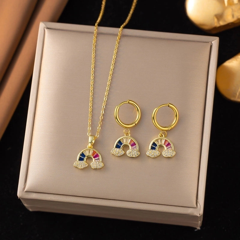 Elegant Vacation Shiny Rainbow 316 Stainless Steel  Zircon Inlay Jewelry Set