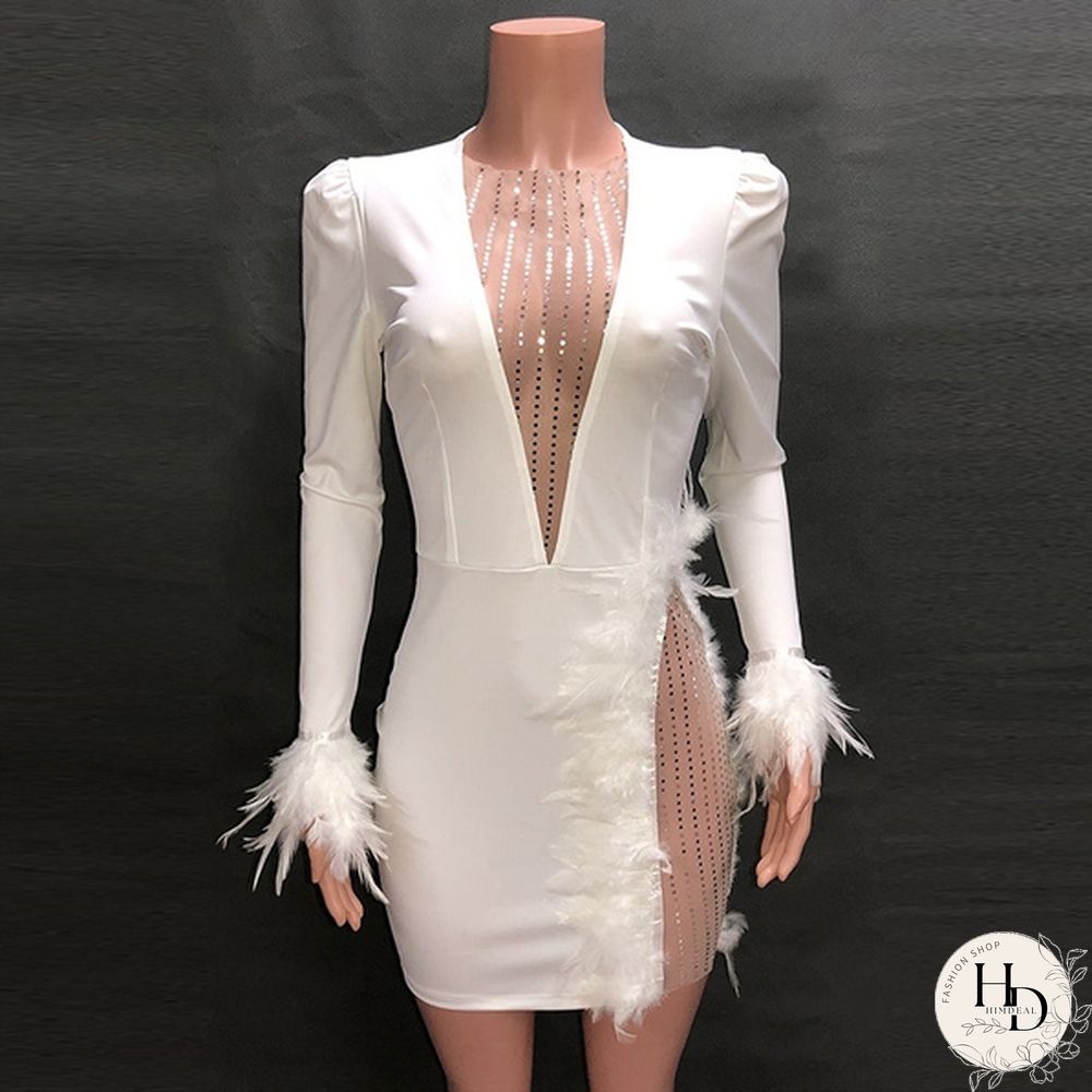 New Women Mesh Night Dress Inserted Embellished Party Dresses White Feather Mini Dress