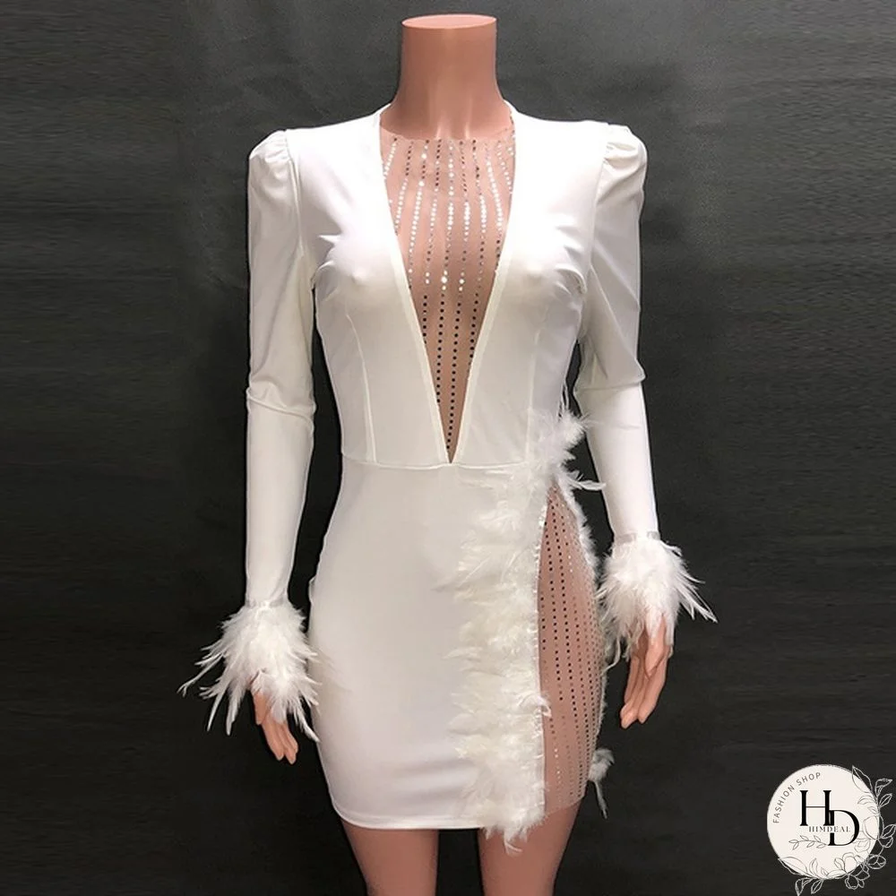 New Women Mesh Night Dress Inserted Embellished Party Dresses White Feather Mini Dress