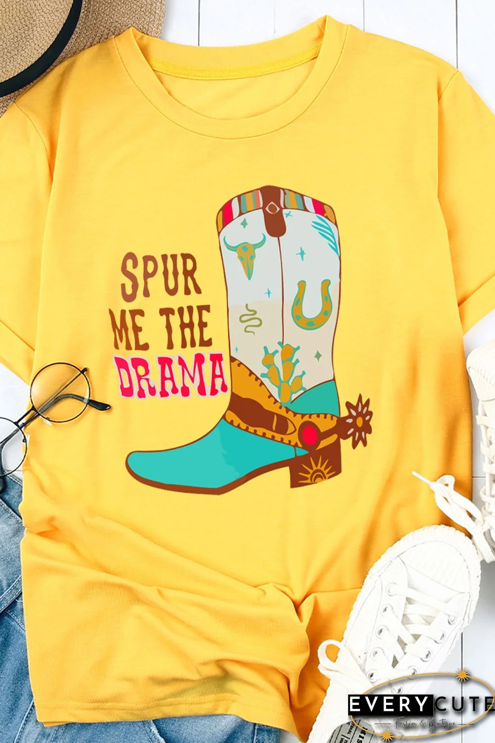 Yellow Western Boots Letter Graphic Printed Crew Neck T Shirt