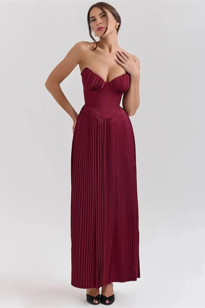 Miabel Shinning Burgundy Satin V Neck Sleeveless Strapless Long Prom Dress with Pleated 