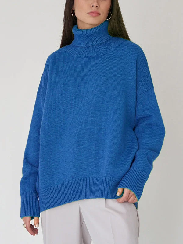 Casual Long Sleeves Loose Solid Color High-Neck Sweater Tops