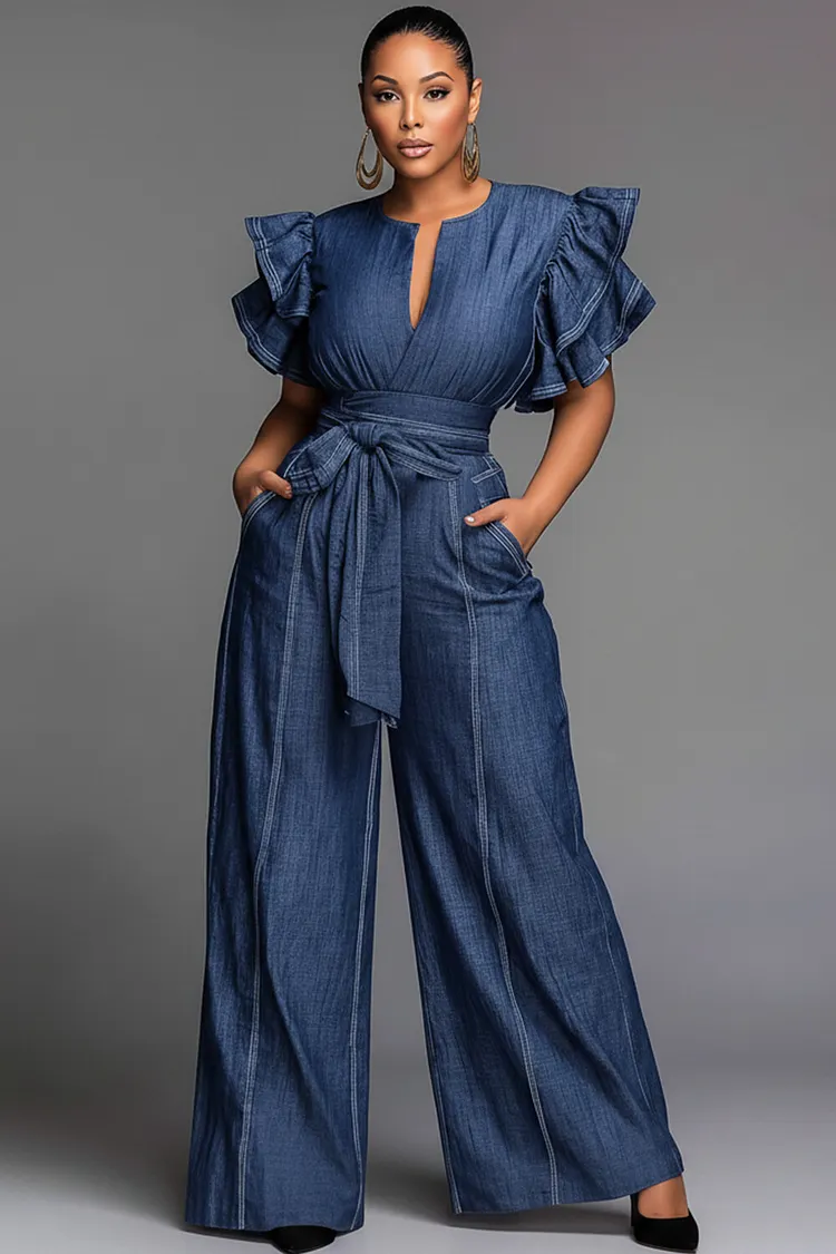 Xpluswear Design Plus Size Business Casual Blue Shirt Collar Short Sleeve Pocket Ruffle Tencel Denim Jumpsuits [Pre-Order] 2024 - Xpluswear