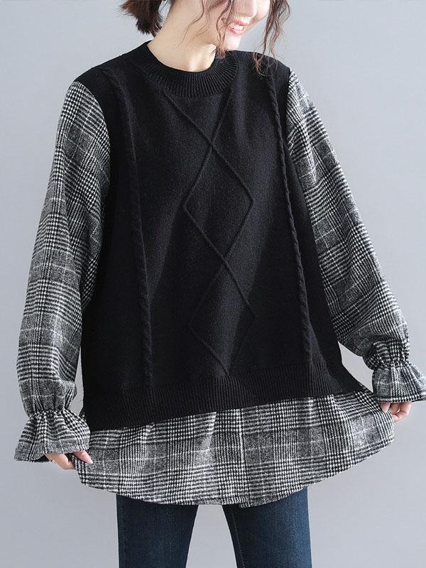 Splice False Two Plaid Round Neck Sweater