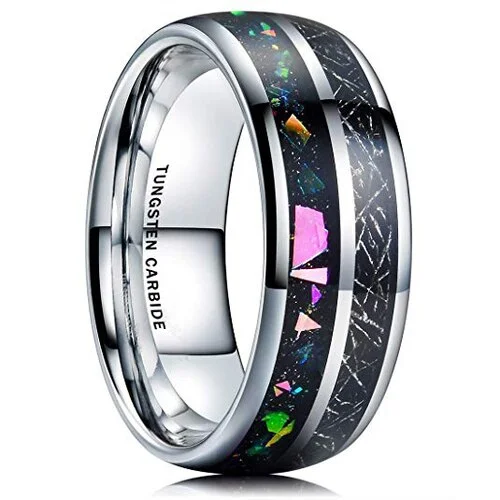 Women's Or Men's Tungsten Carbide Wedding Band Matching Rings,Silver band with Multi Color Rainbow Fragments and Black and Gray Inlay Ring With Mens And Womens For Width 4MM 6MM 8MM 10MM