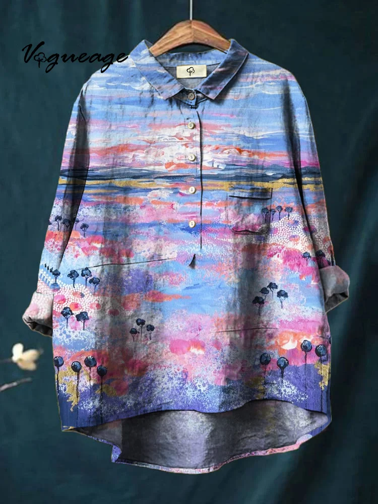 Dreamy And Charming Watercolor Landscape Printed Cotton And Linen Shirt