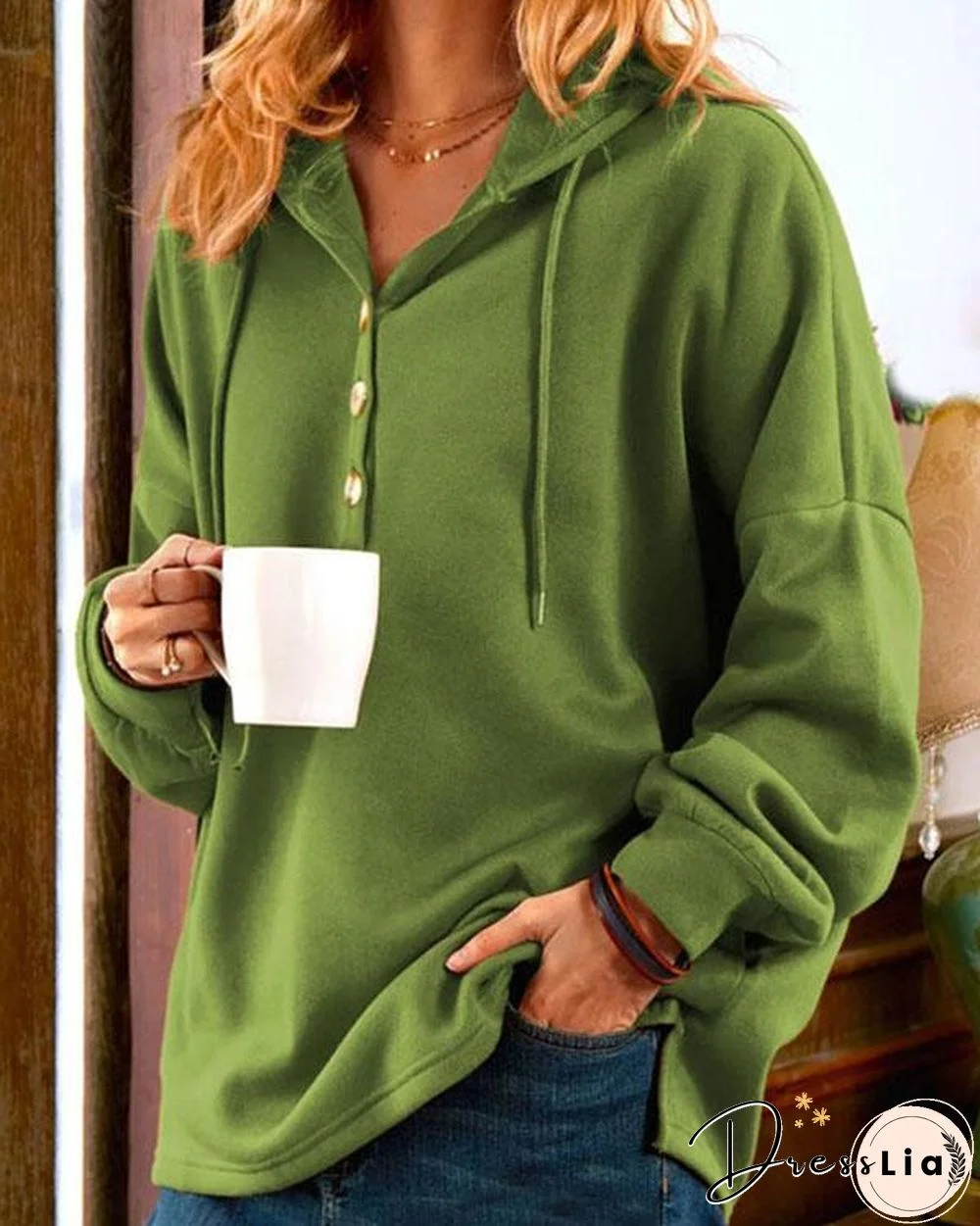 Plain Color Women's Button Hoodie Casual Pullover