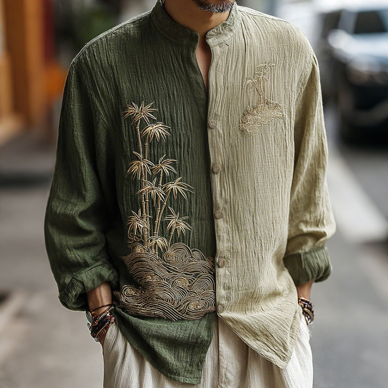 Men's Japanese-style Bamboo Waves Pattern Linen Blend Shirt  artssus