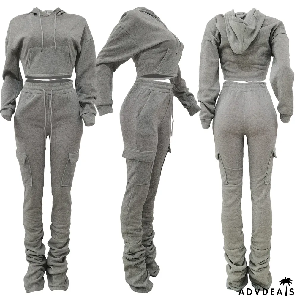 Solid Fleece Hoodie Top Pile Pants Casual Two Piece Sets