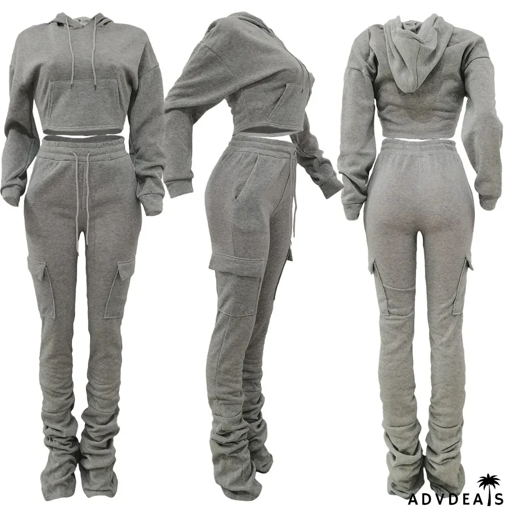Solid Fleece Hoodie Top Pile Pants Casual Two Piece Sets