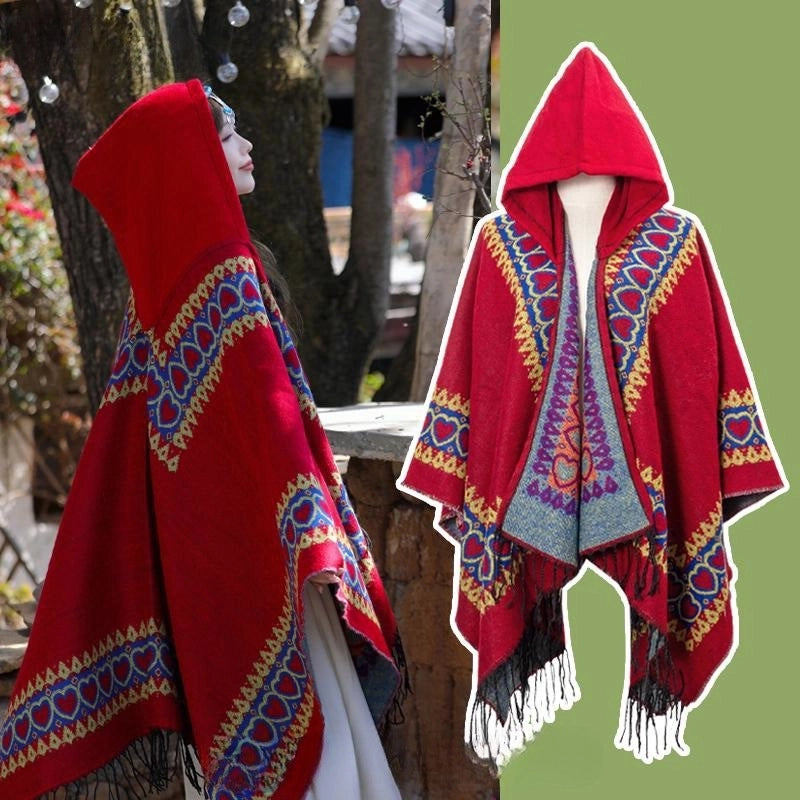 Ethnic Style Hooded Cape Women’s Yunnan Tibet Western Sichuan Grassland Bohemia Travel Wear Scarf Coat