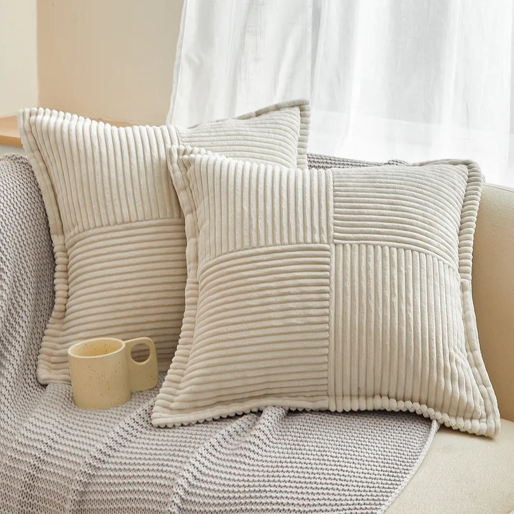 Sanmadrola 2-Pack Corduroy Pillow Covers 18x18 Inch - Boho Striped Decorative Throw Pillow Cases for Couch, Sofa, Bed, Farmhouse & Christmas Living Room Decor