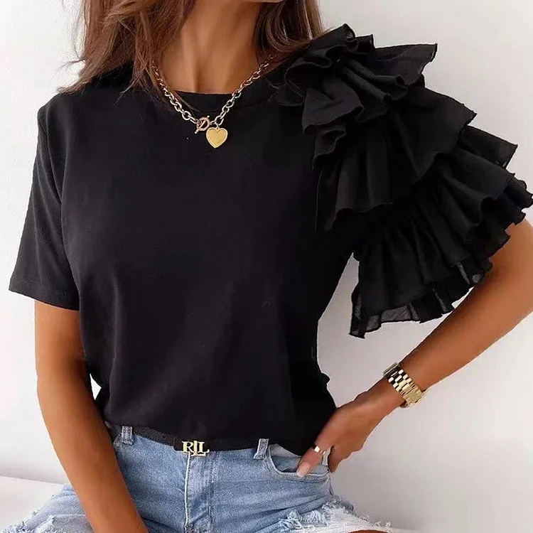Ruffle Panel Solid T-Shirt