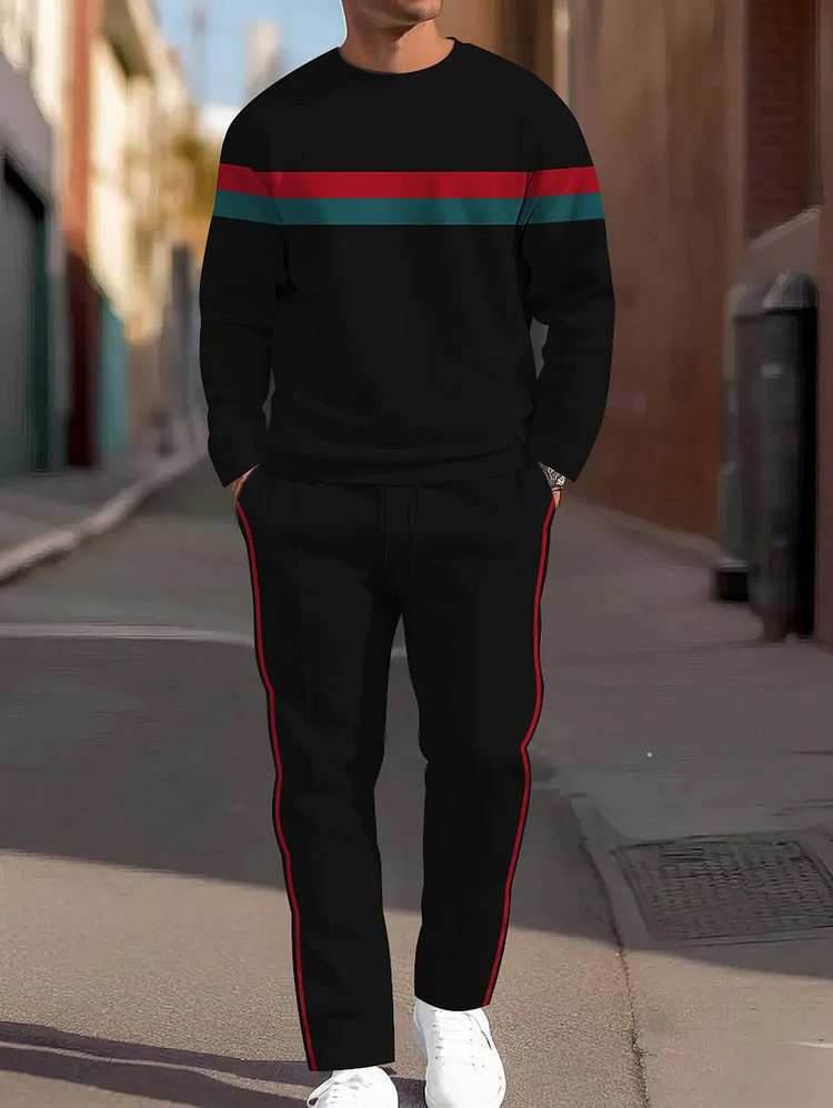 Men's Simple Colorblock Round Neck Casual Sports Set 0143