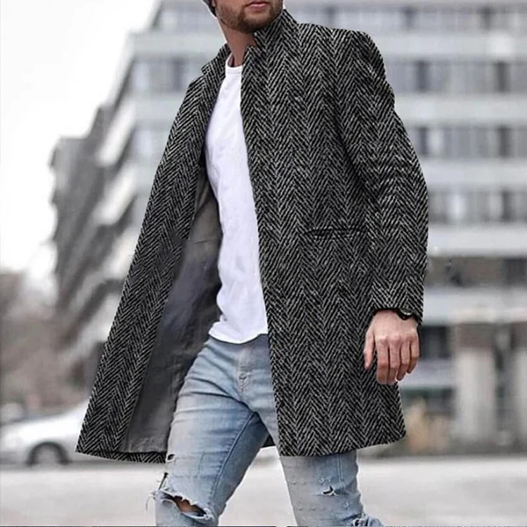 Fall Winter Herringbone Mid-Length Men's Coat