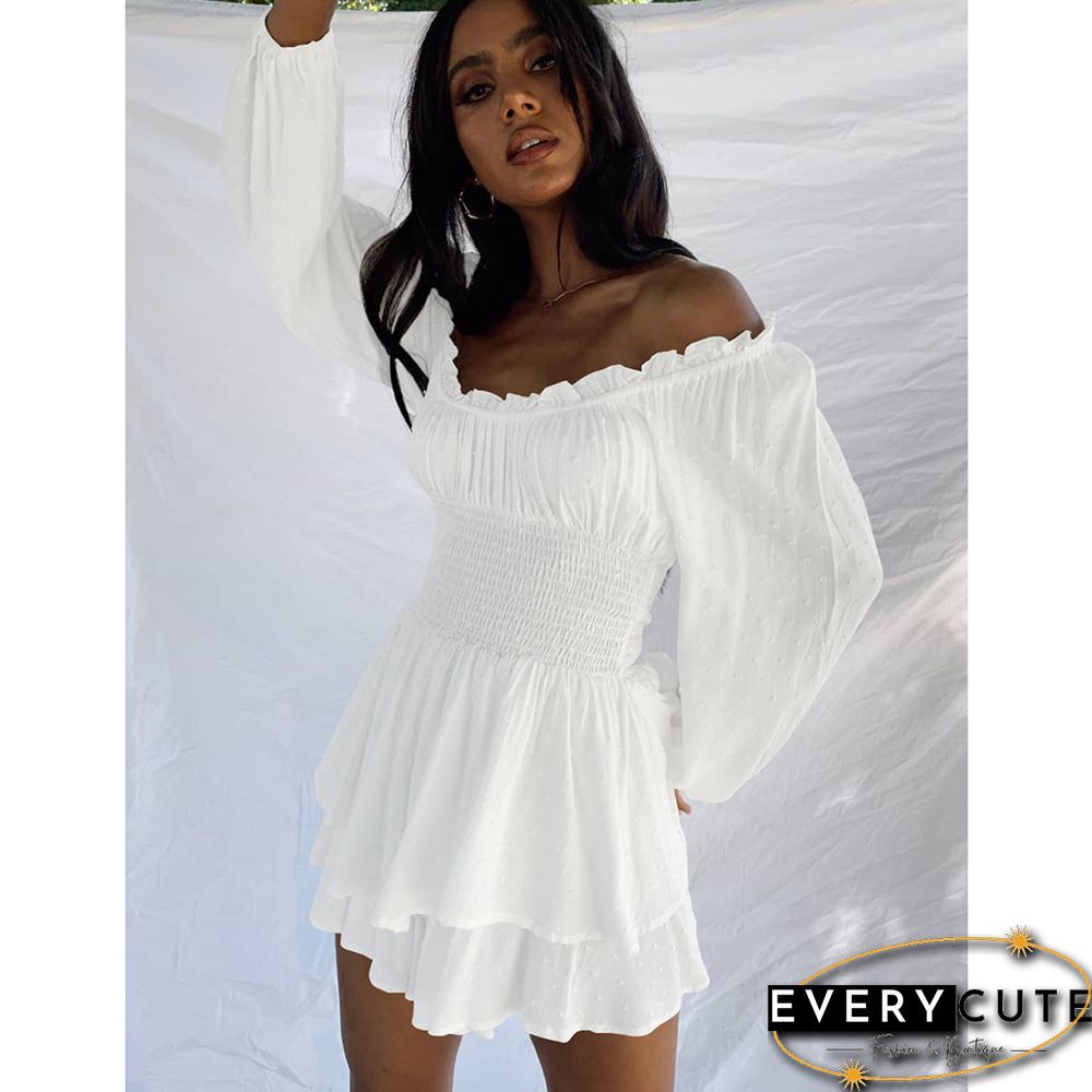 White Off Shoulder Pleated Ruffled Long Sleeve Romper