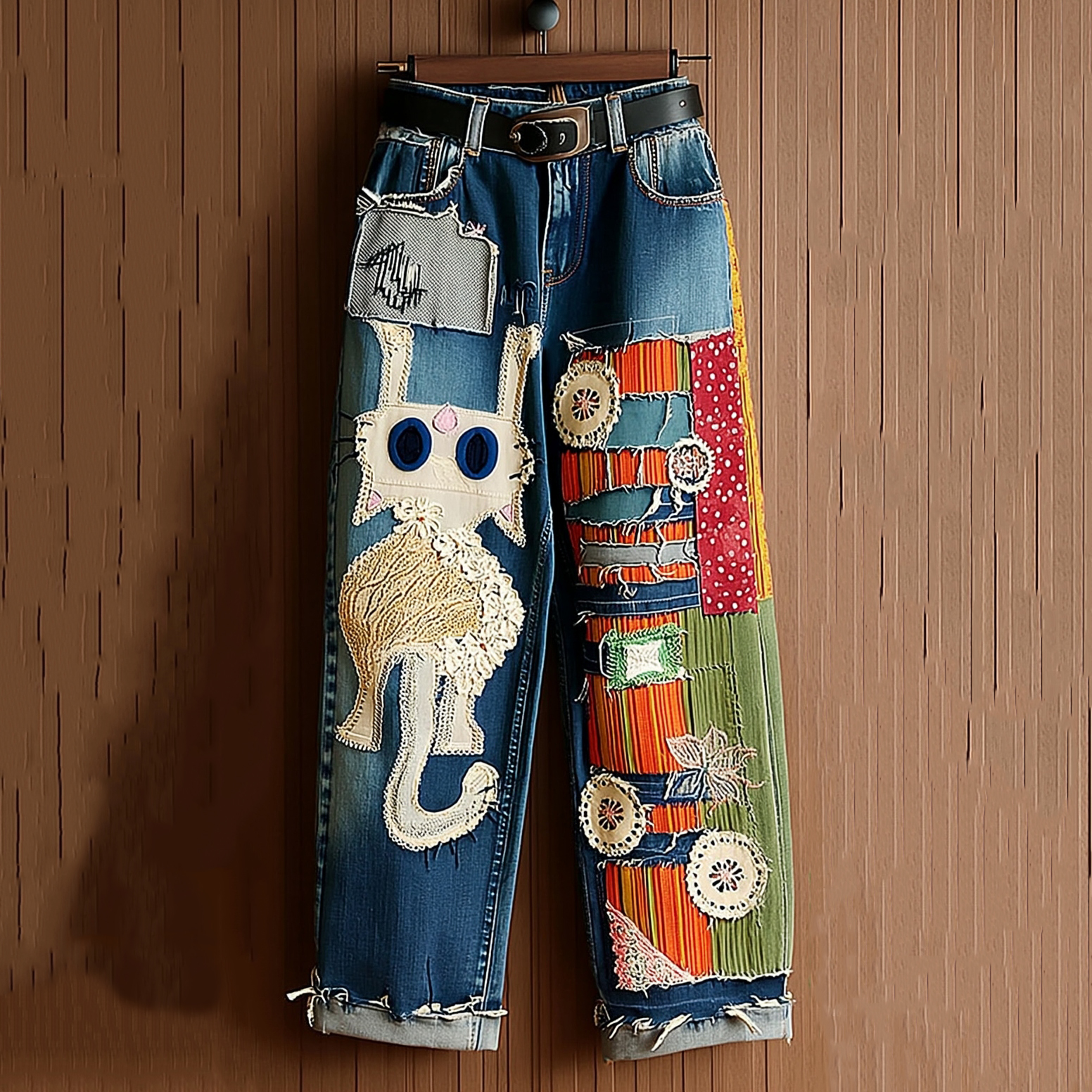 Patch Cute Cat Striped Jeans elevenforest