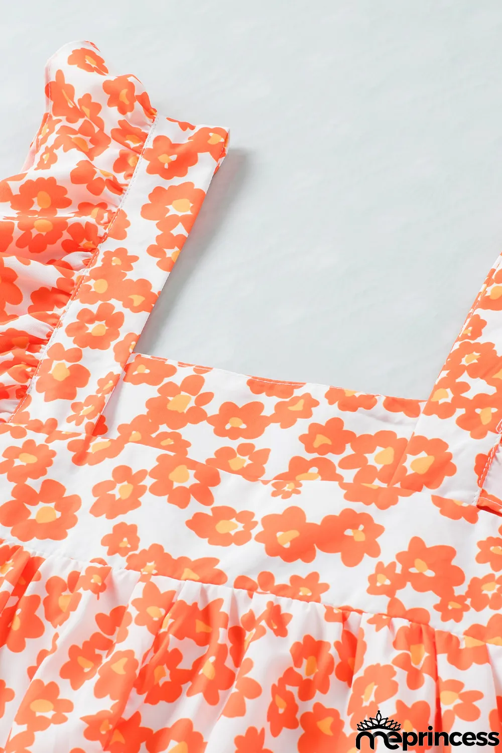 Orange Floral Print Square Neck Ruffle Tank Top