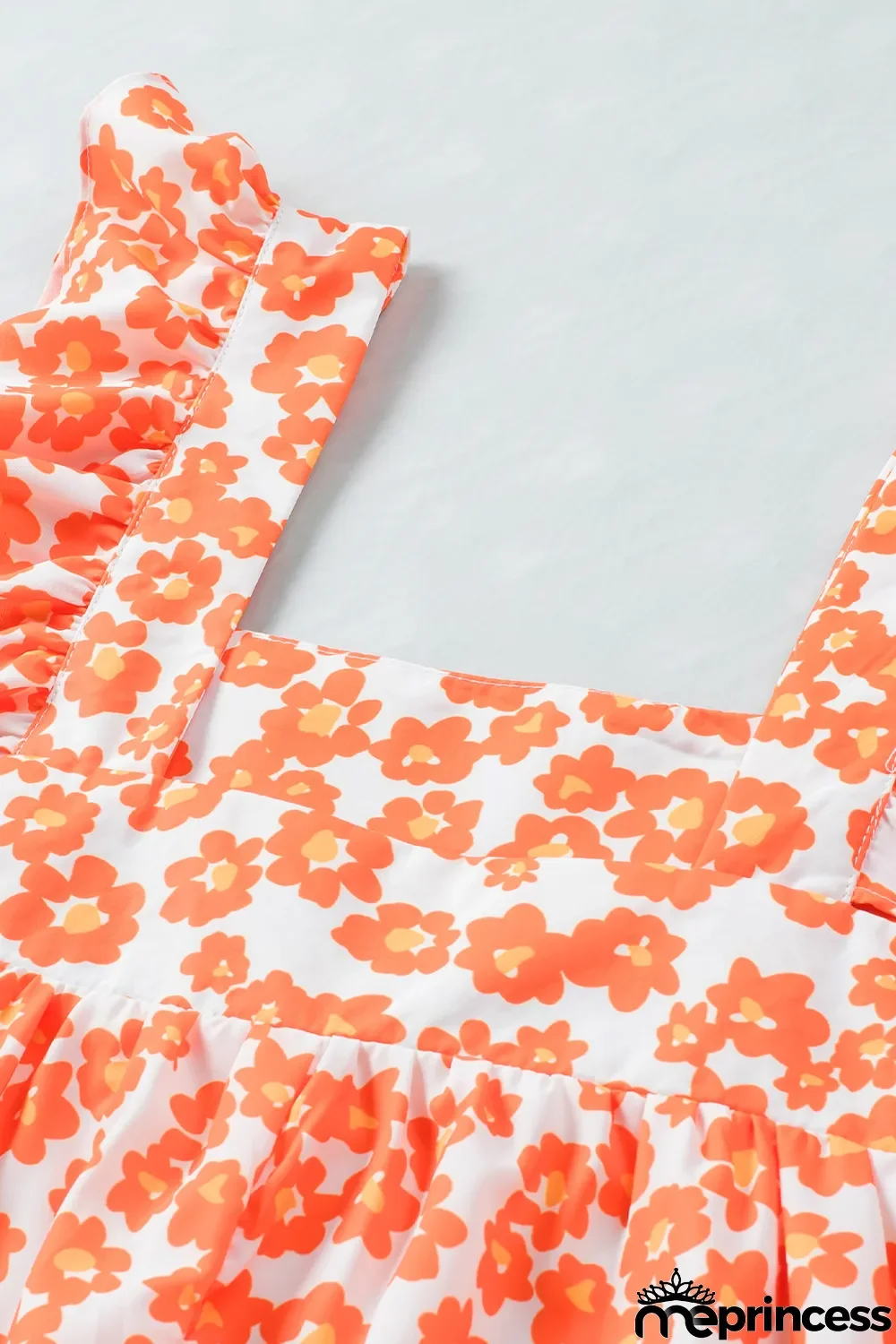 Orange Floral Print Square Neck Ruffle Tank Top