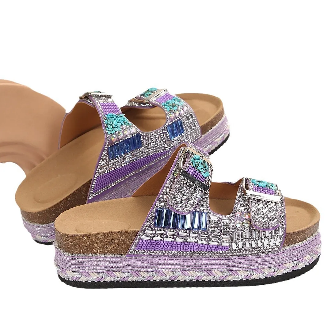 Breakj Breakj New Thick Bottom Rope Double Buckle Drill Softwood Beach Slippers Large Size Women's Shoes