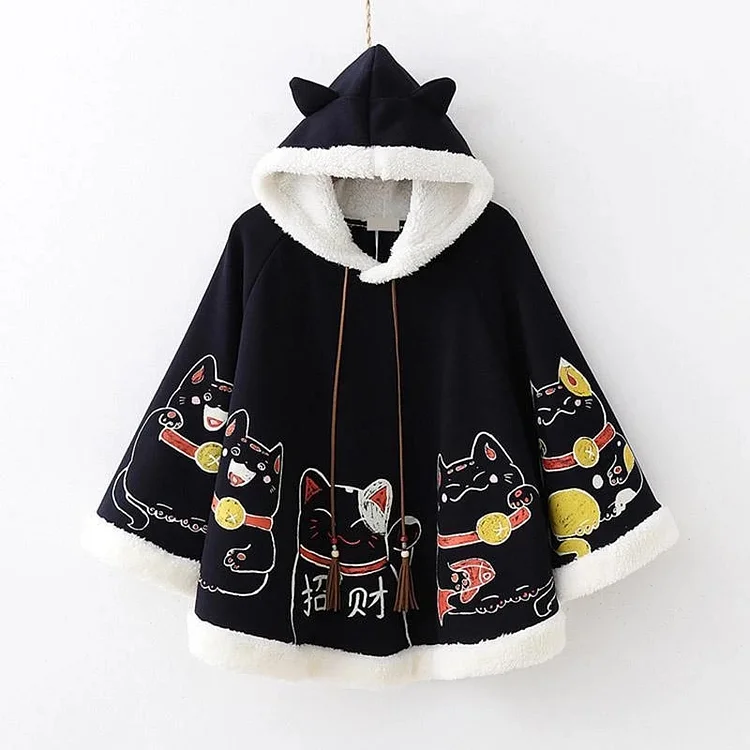 Cute Japanese Lucky Cat Cloak Hoodie with Inner Fleece