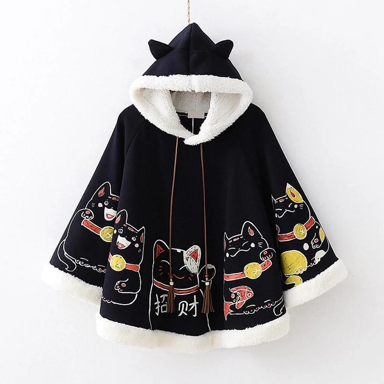 Cute Japanese Lucky Cat Cloak Hoodie with Inner Fleece