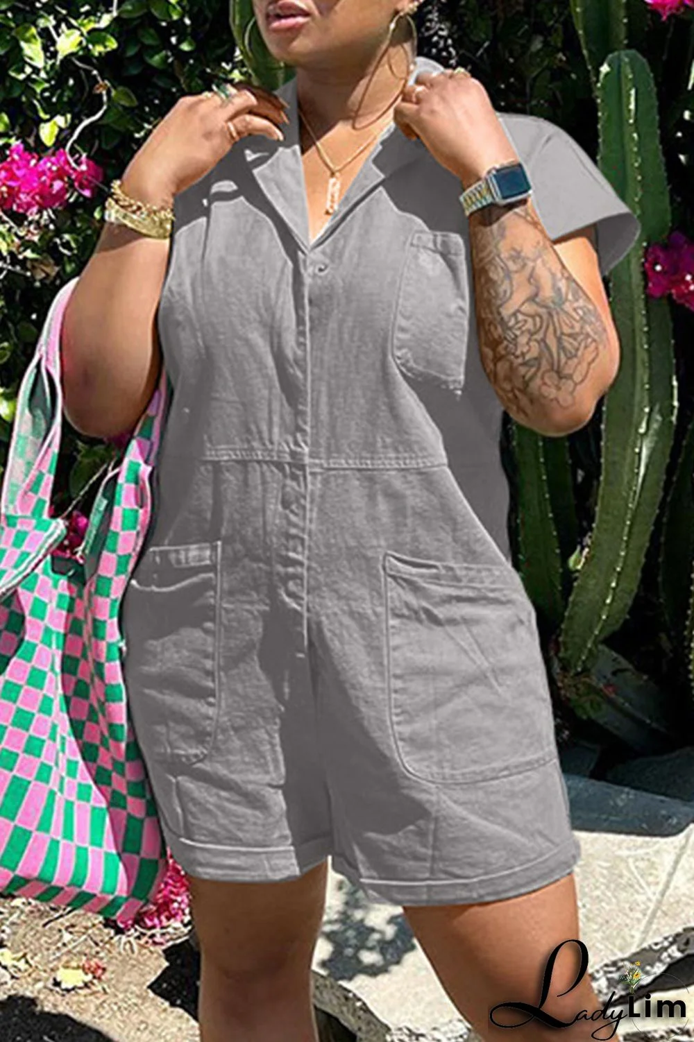 Pink Fashion Casual Solid Patchwork Turndown Collar Regular Romper