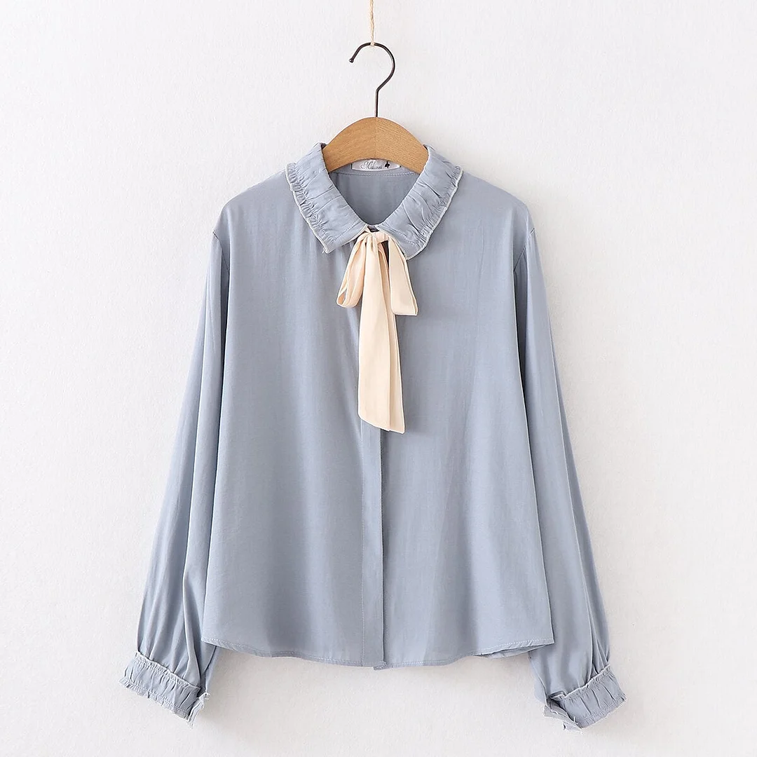 2020 Spring New Women Solid Chiffon Long Sleeve White Shirt Pleated Turn-down Collar Lace Up Bow Blouse Autumn Casual Tops T0111