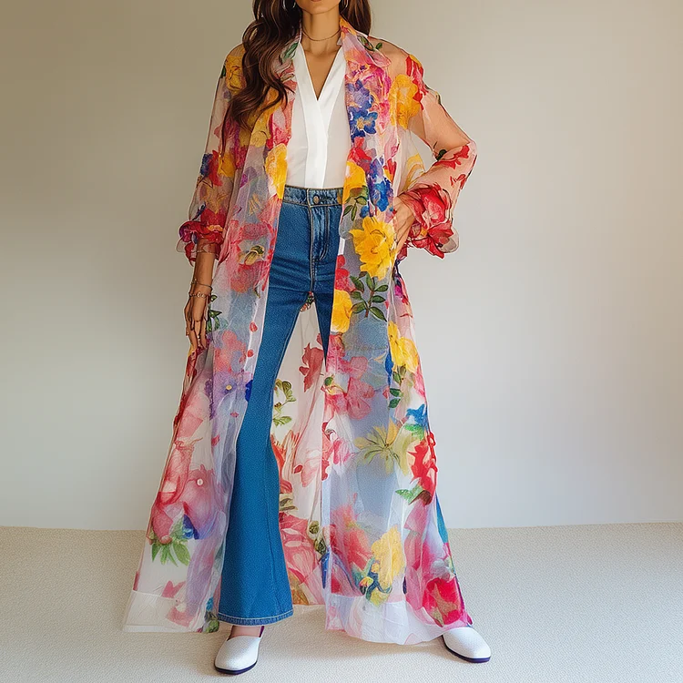 Ursime Floral Pattern See-Through Long Sleeve Ankle-Length Coat