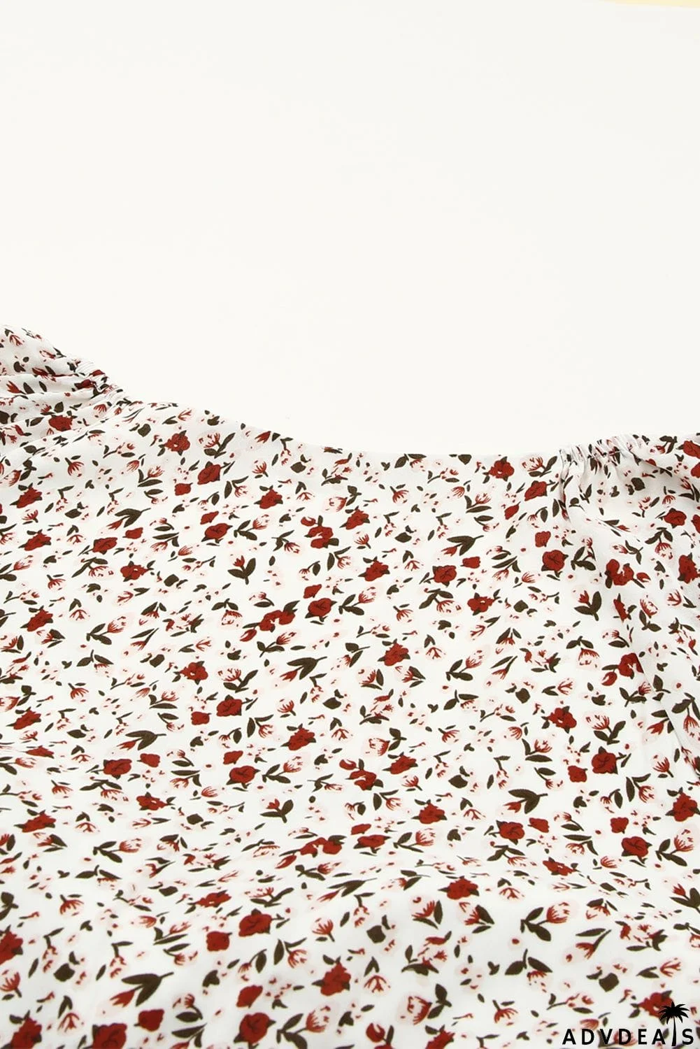 Floral Print Front Tie Ruffled Long Sleeve Blouse